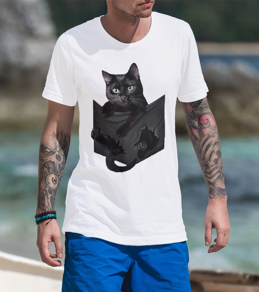 Cat In Pocket Black Cat Inside Pocket Bac Playful T-Shirt