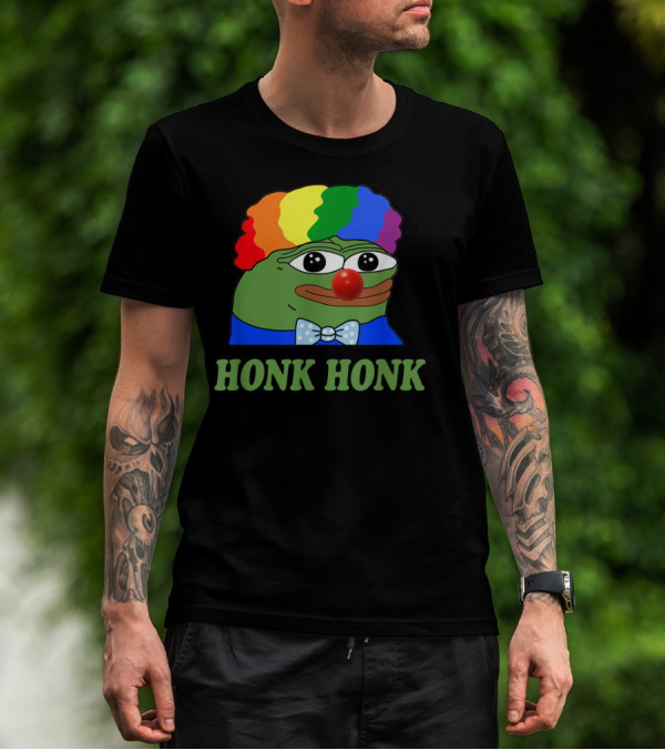Clown Pepe Honk Honk HONKLER Meme Rainbow Wig Red Nose Bowtie T-Shirt