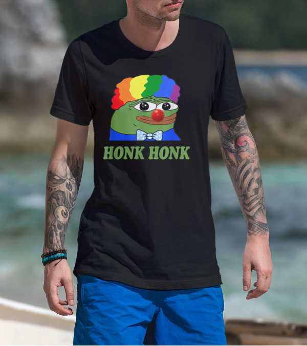 Clown Pepe Honk Honk HONKLER Meme Rainbow Wig Red Nose Bowtie T-Shirt