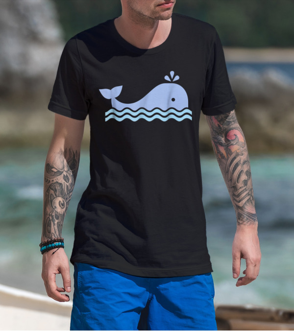 Cute Blue Whale Cartoon With Waves And Water Spout T-Shirt
