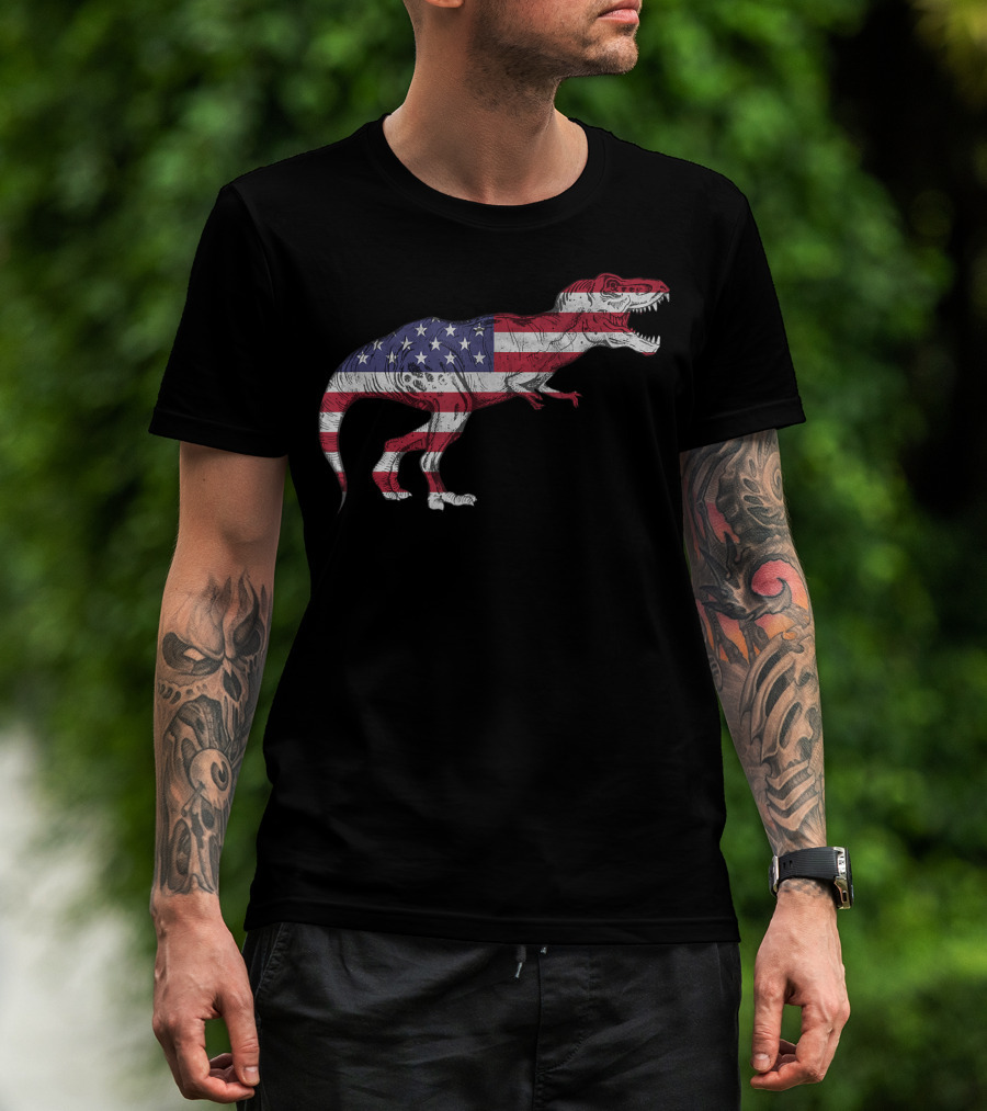 Dino USA American Flag Tyrannosaurus Patriotic Dinosaur T-Shirt