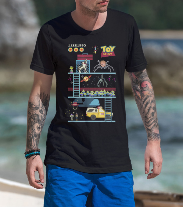 Toy Story 8 Bit Video Game Scene With Retro Pixel Art Adventure T-Shirt