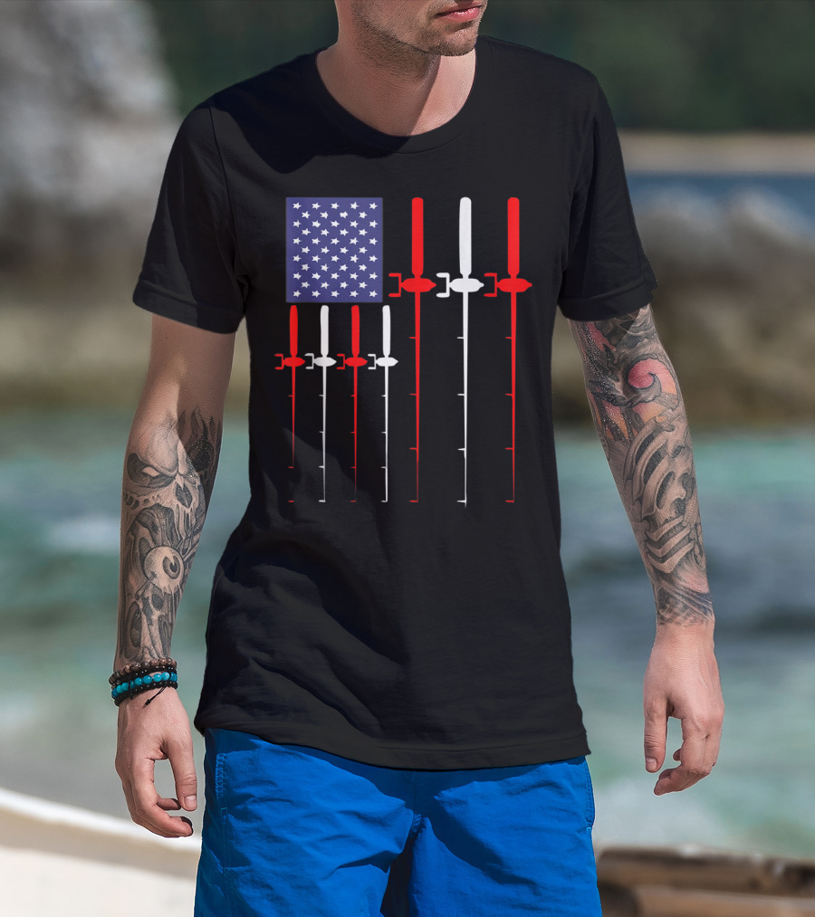 American Flag Fishing Rod Patriotic Fisherman USA Stars Stripes T-Shirt