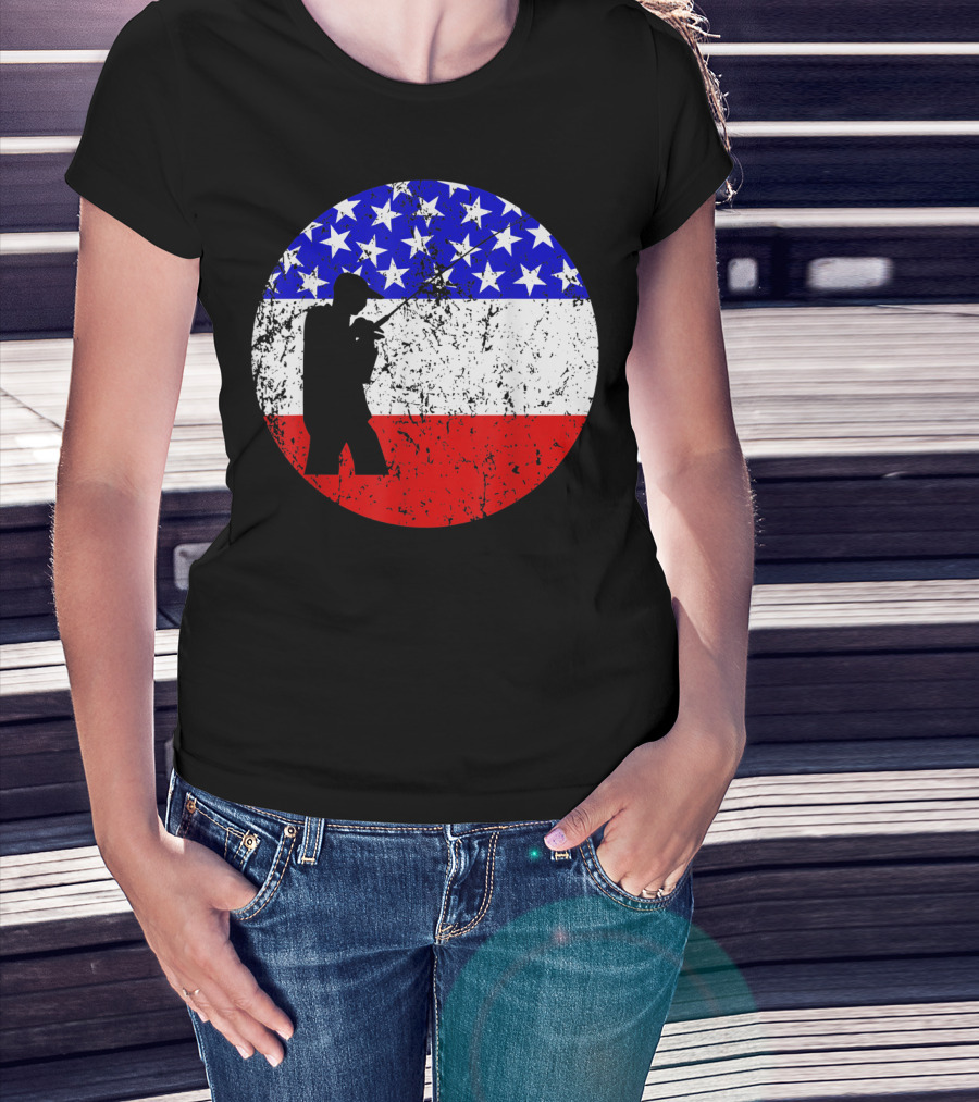 American Flag Vintage Fisherman Silhouette Rustic Retro Fishing T-Shirt