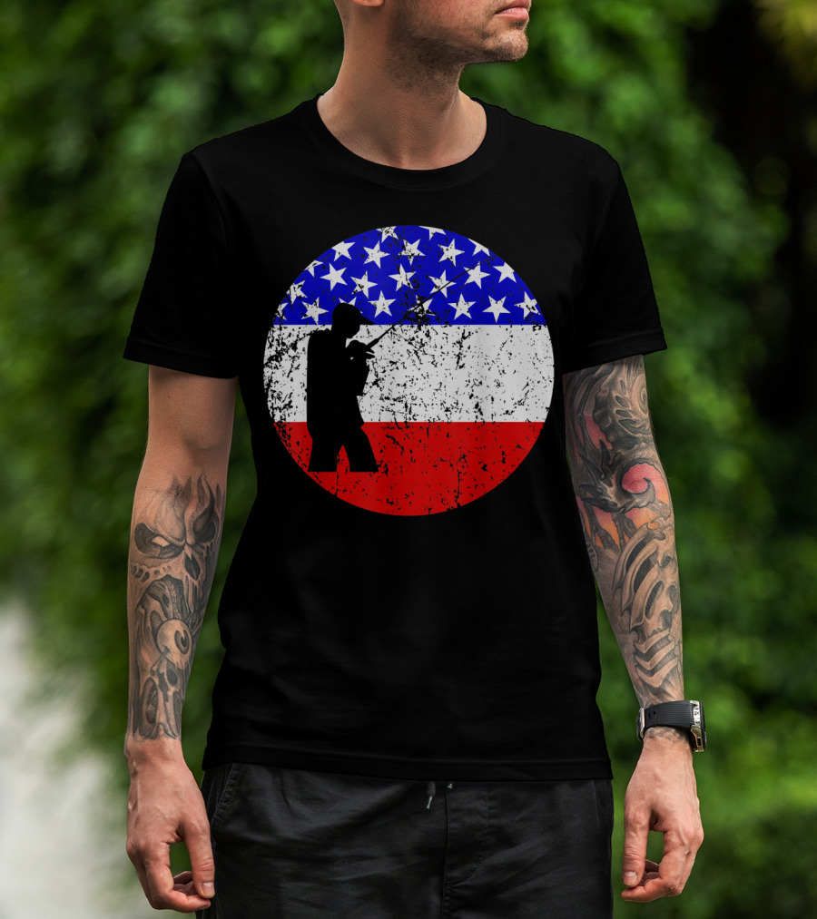 American Flag Vintage Fisherman Silhouette Rustic Retro Fishing T-Shirt