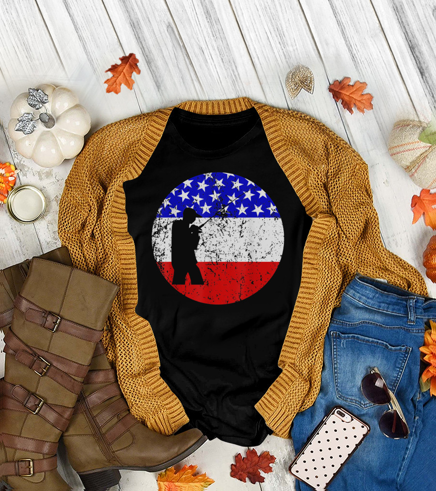 American Flag Vintage Fisherman Silhouette Rustic Retro Fishing T-Shirt