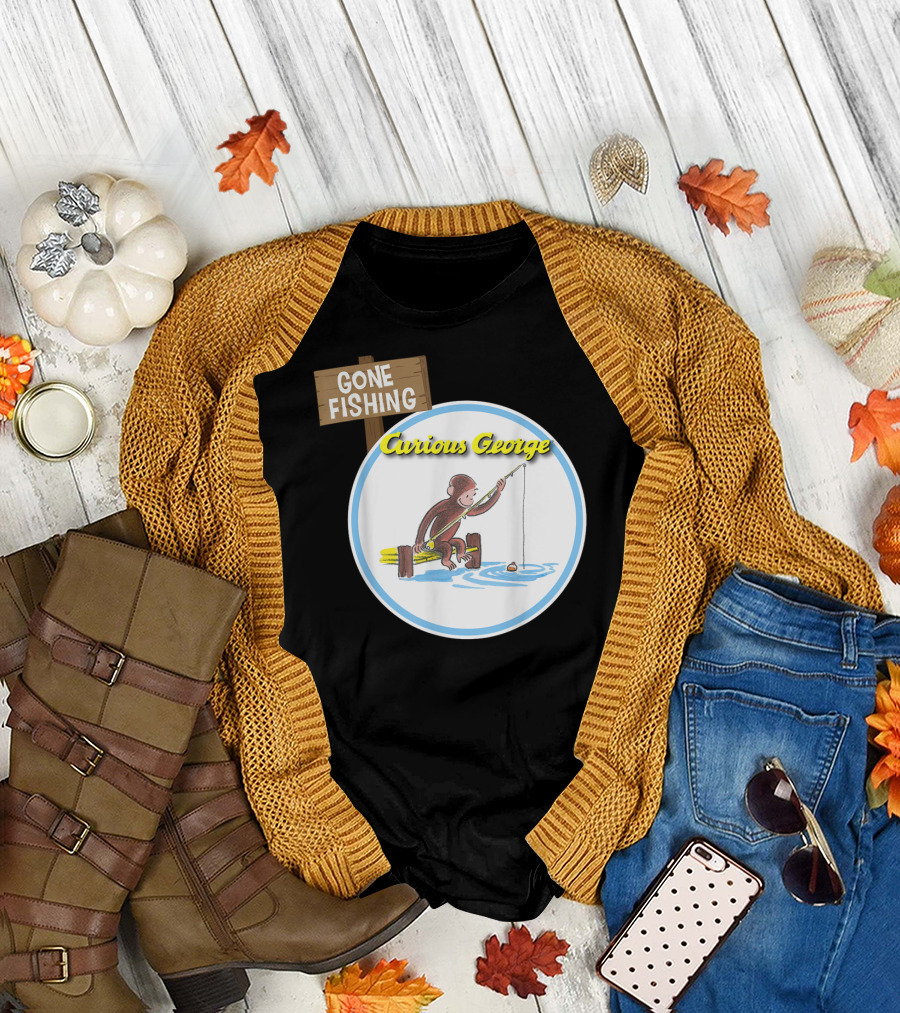 Curious George Gone Fishing Sign and Circle Scene T-Shirt