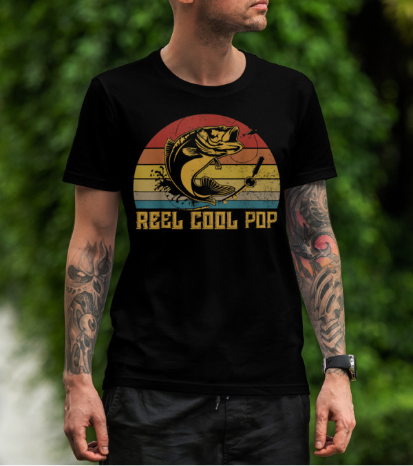 Father's Day Vintage Fishing Reel Cool Pop Retro Bass Sunset T-Shirt