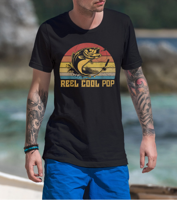 Father's Day Vintage Fishing Reel Cool Pop Retro Bass Sunset T-Shirt