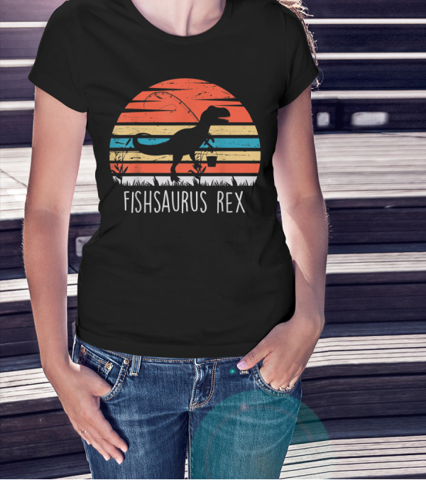Fathers Day Fishsaurus Rex Dinosaur Fishing Vintage Sunset T-Shirt
