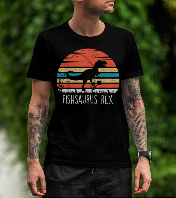 Fathers Day Fishsaurus Rex Dinosaur Fishing Vintage Sunset T-Shirt