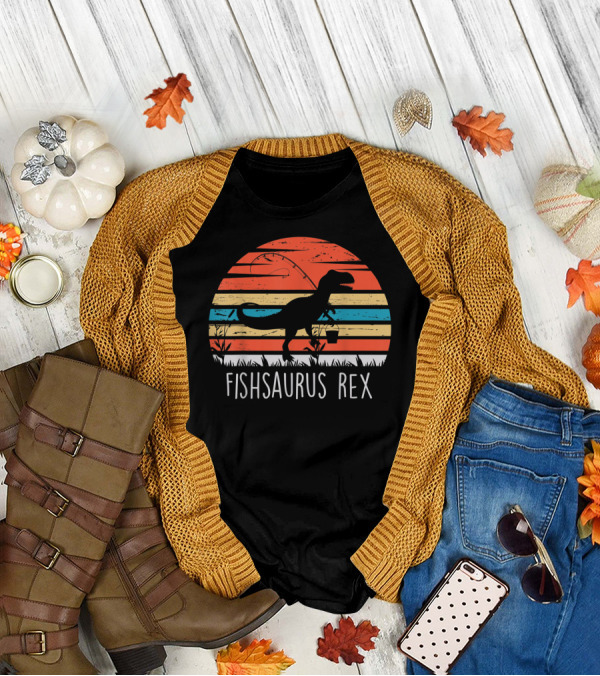 Fathers Day Fishsaurus Rex Dinosaur Fishing Vintage Sunset T-Shirt