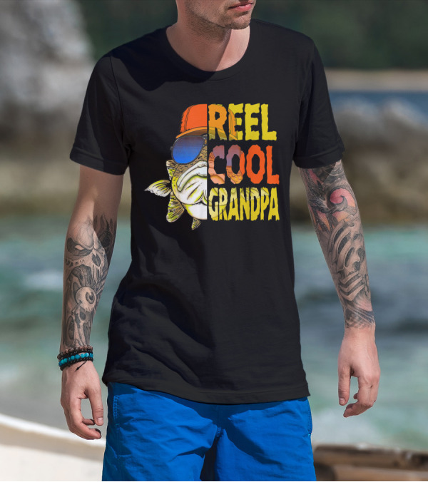 Reel Cool Grandpa Fishing Grandpa Fish Wearing Sunglasses And Hat T-Shirt