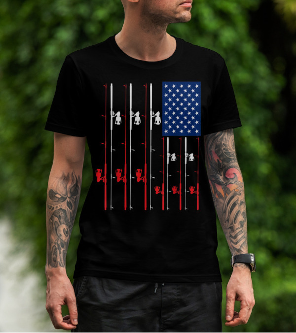 Fishing Rod US Flag Cute Fish Hunting American Patriotic Iconic T-Shirt
