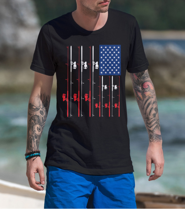 Fishing Rod US Flag Cute Fish Hunting American Patriotic Iconic T-Shirt