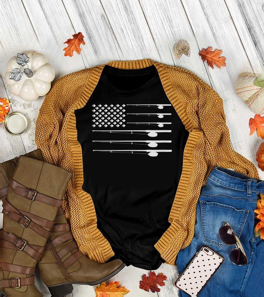 FLY ROD FISHING American Flag Fishersman T-Shirt