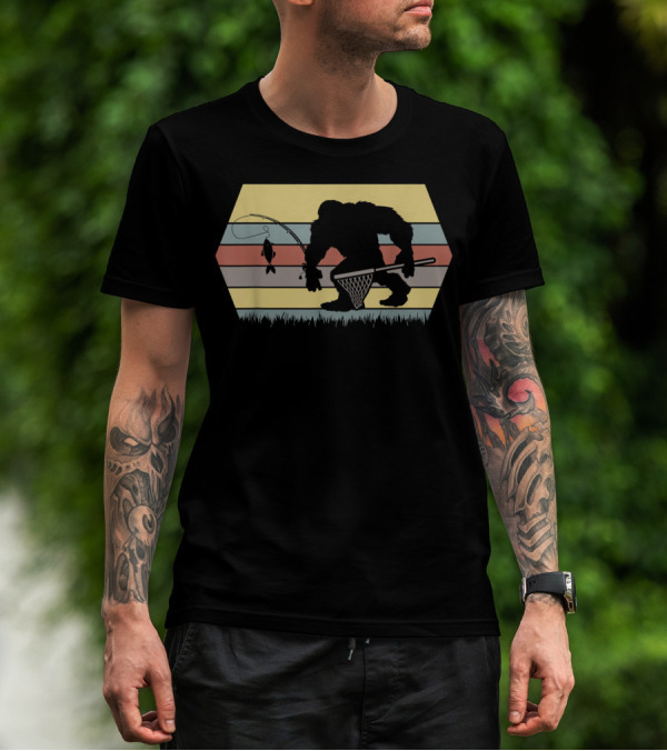 Funny Big Foot Fishing Silhouette Retro Stripes T-Shirt