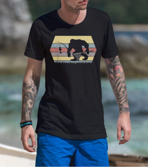 Funny Big Foot Fishing Silhouette Retro Stripes T-Shirt