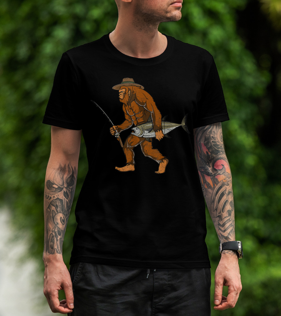 Bigfoot Bass Fisherman Catching Fish With Fishing Rod T-Shirt