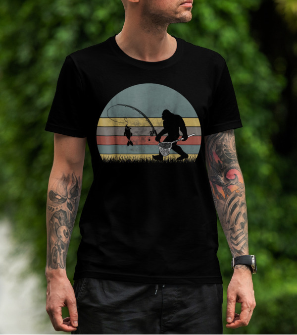Bigfoot Fishing Retro Stripes T-Shirt