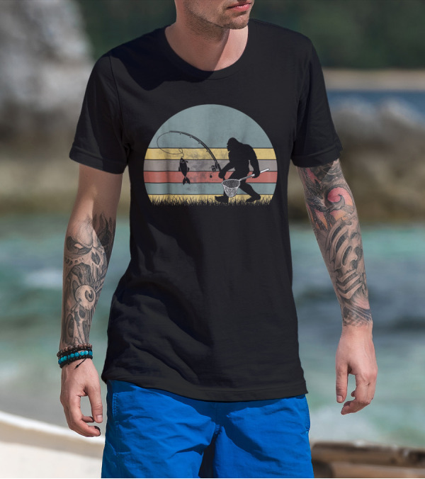 Bigfoot Fishing Retro Stripes T-Shirt
