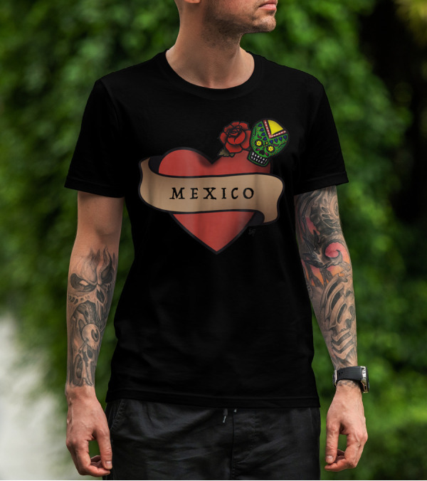 I Love Mexico Dia De Los Muertos Mexico Heart Sugar Skull Rose T-Shirt