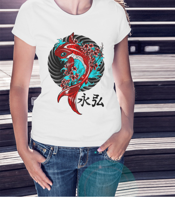 Koi Fish Floral With Japanese Characters T-Shirt