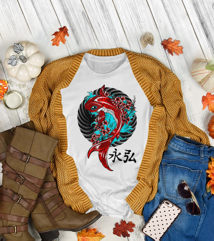 Koi Fish Floral with Japanese Characters T-Shirt