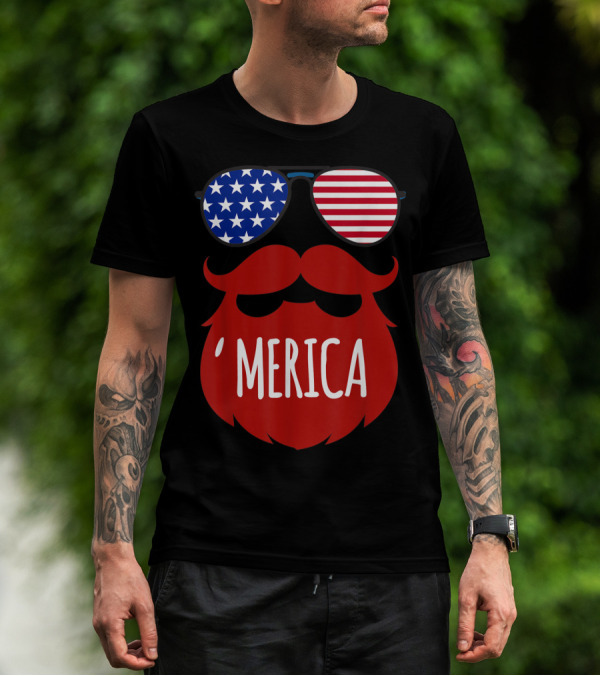 Mens 4th Of July 'Merica Beard Sunglasses American Flag Stars Stripes T-Shirt