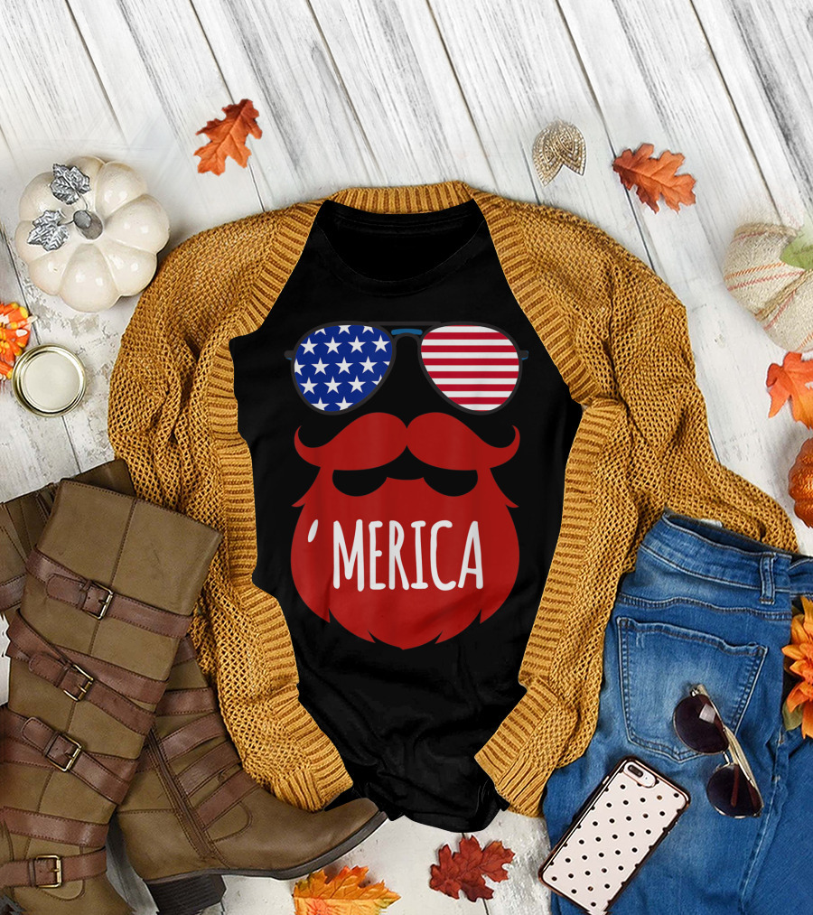 Mens 4th Of July 'Merica Beard Sunglasses American Flag Stars Stripes T-Shirt