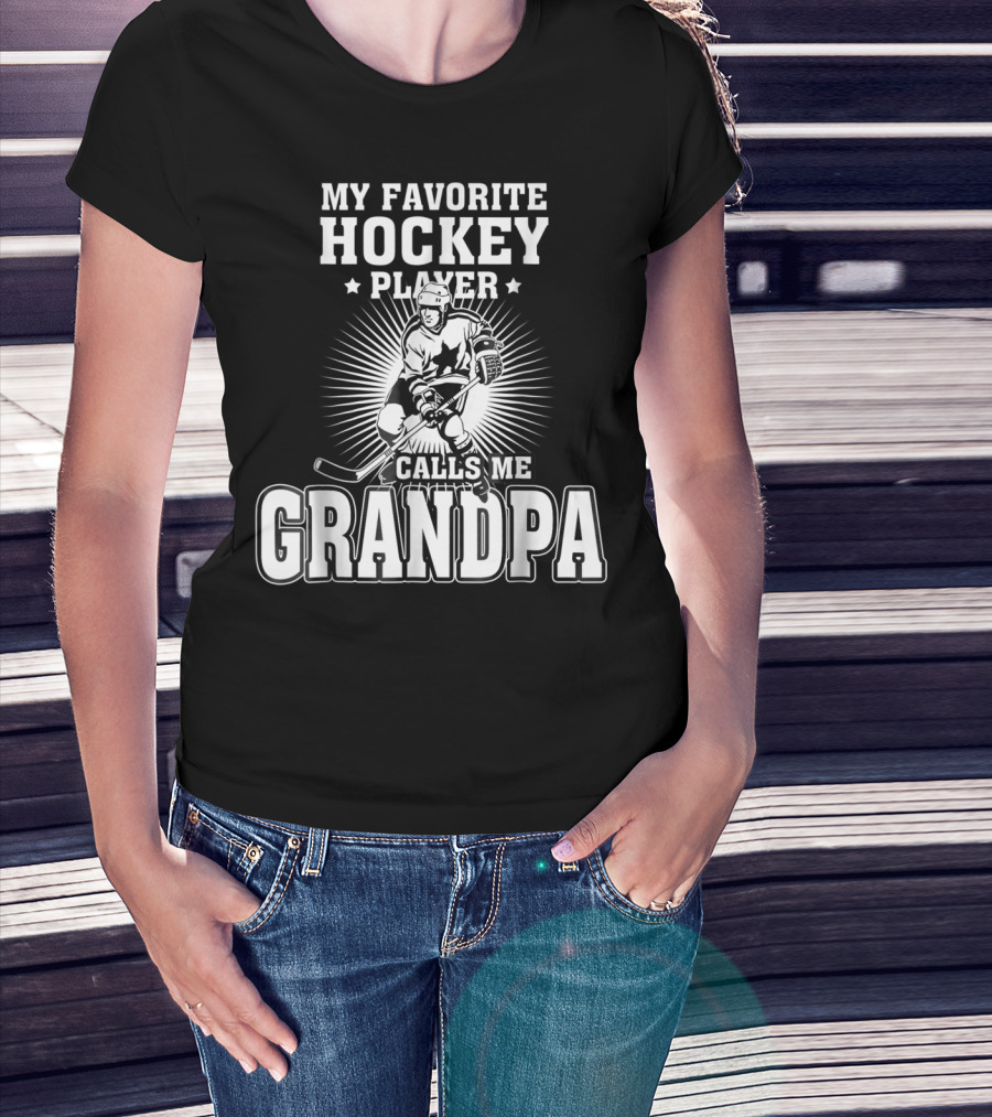 Mens My Favorite Hockey Player Calls Me Grandpa Starburst Ice Skater T-Shirt