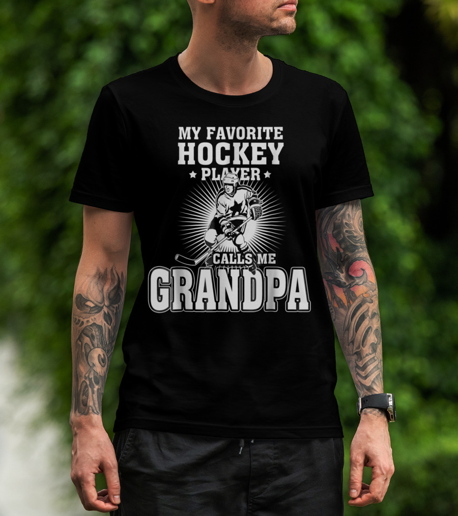 Mens My Favorite Hockey Player Calls Me Grandpa Starburst Ice Skater T-Shirt