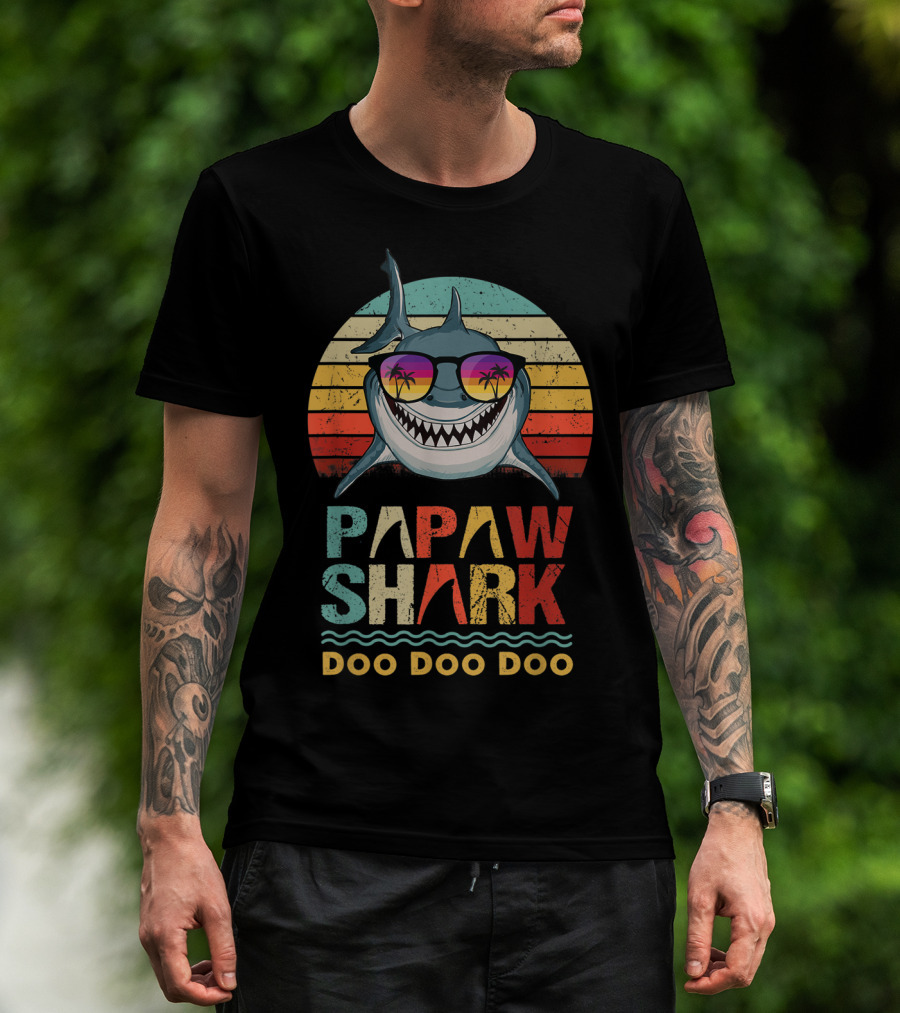 Papaw Shark Doo Doo Doo Funny Fathers Retro Sunglasses Tropical Sunset T-Shirt
