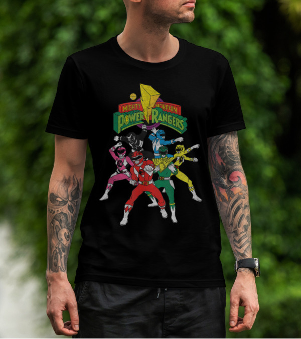 Mighty Morphin Power Rangers Full Team Pose With Original T-Shirt