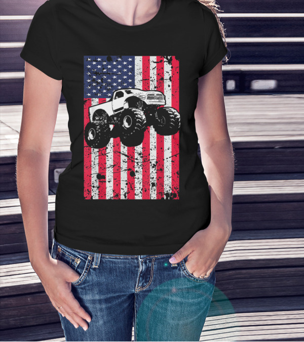 Monster Truck American Flag USA Patriotic Racing T-Shirt