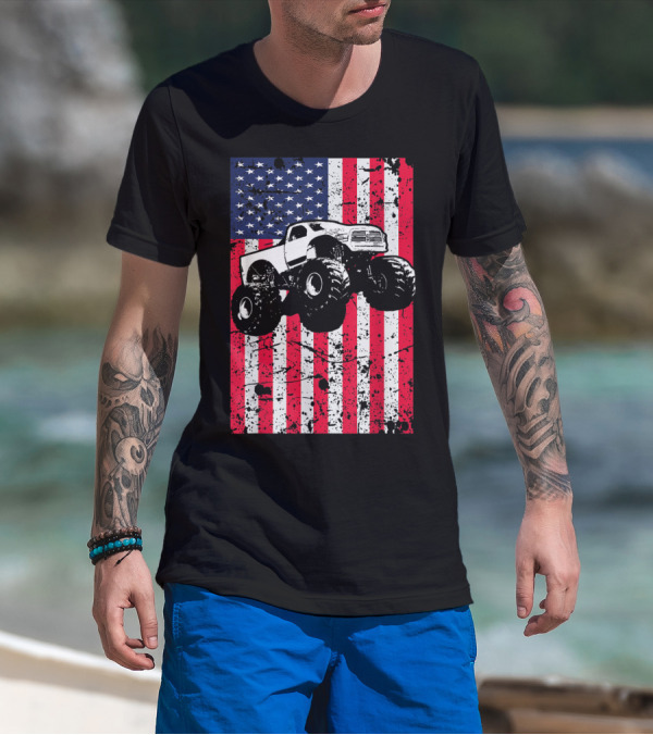 Monster Truck American Flag USA Patriotic Racing T-Shirt