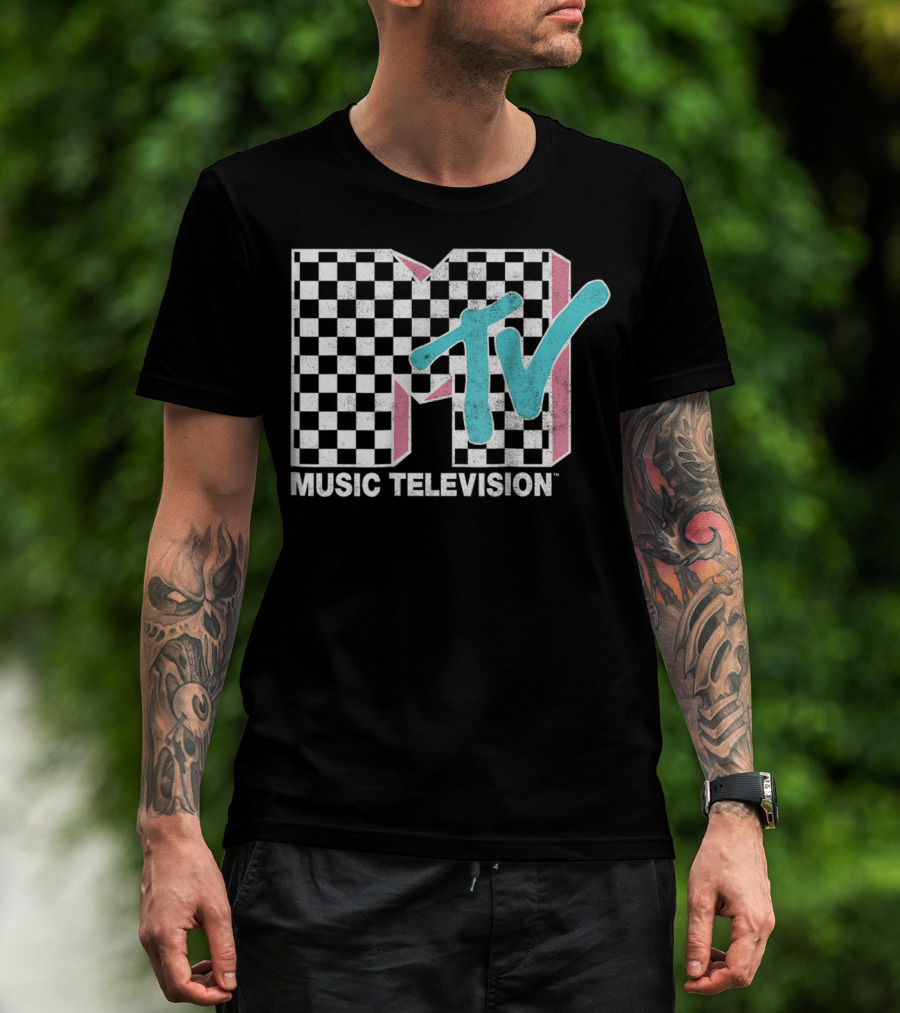 MTV Music Television Neon Distressed Checkered T-Shirt