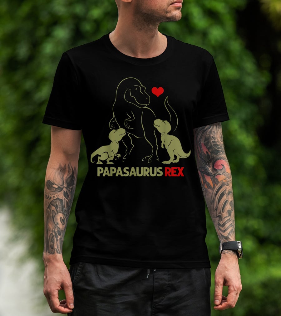 Papasaurus Rex With Heart And Two Baby Dinosaurs T-Shirt