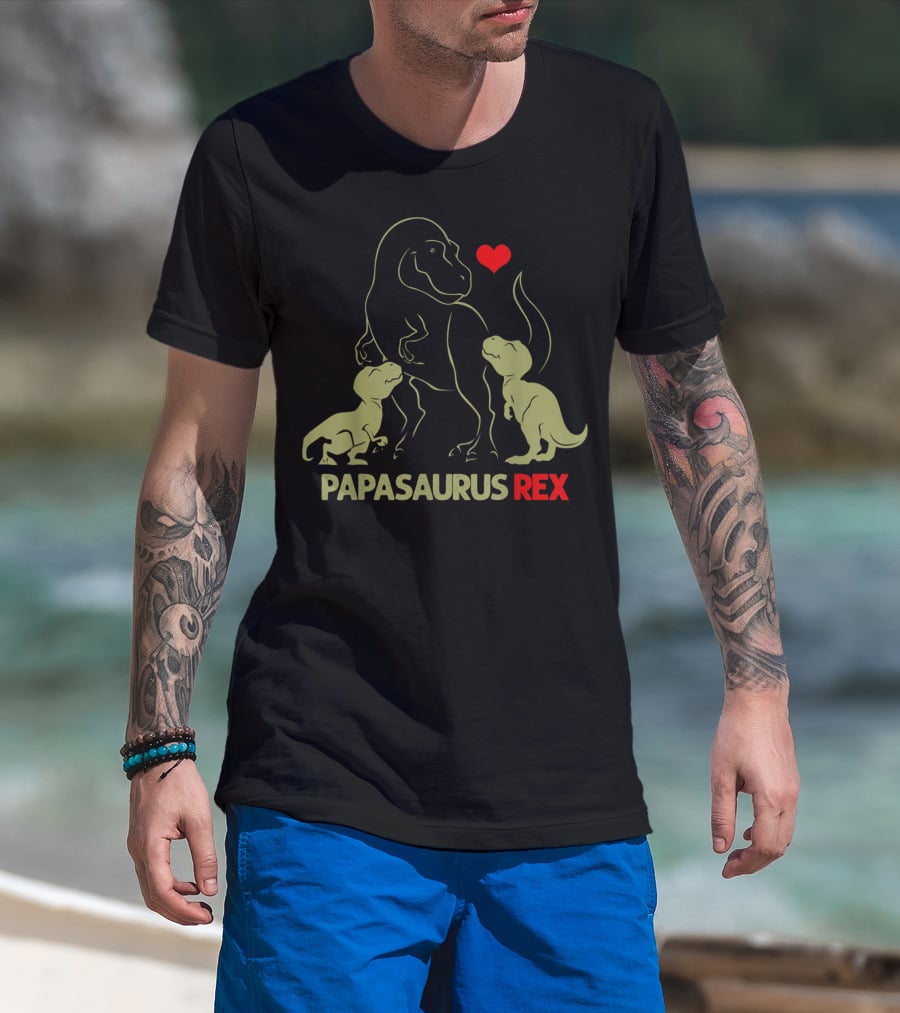 Papasaurus Rex With Heart And Two Baby Dinosaurs T-Shirt