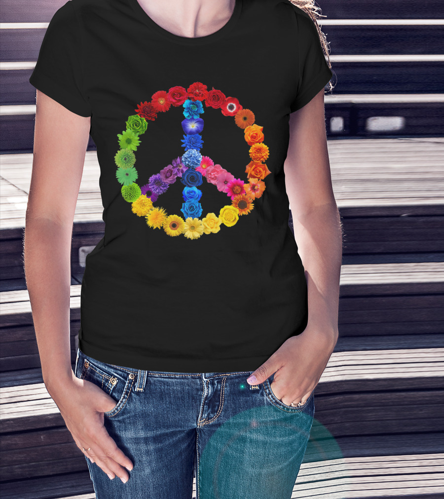 Rainbow Peace Sign Floral Love 70s 60s Retro Vibe T-Shirt