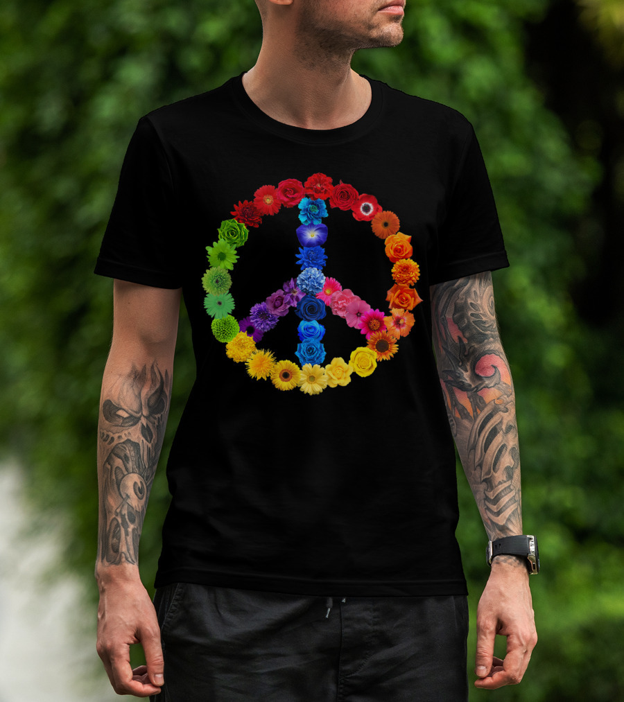 Rainbow Peace Sign Floral Love 70s 60s Retro Vibe T-Shirt