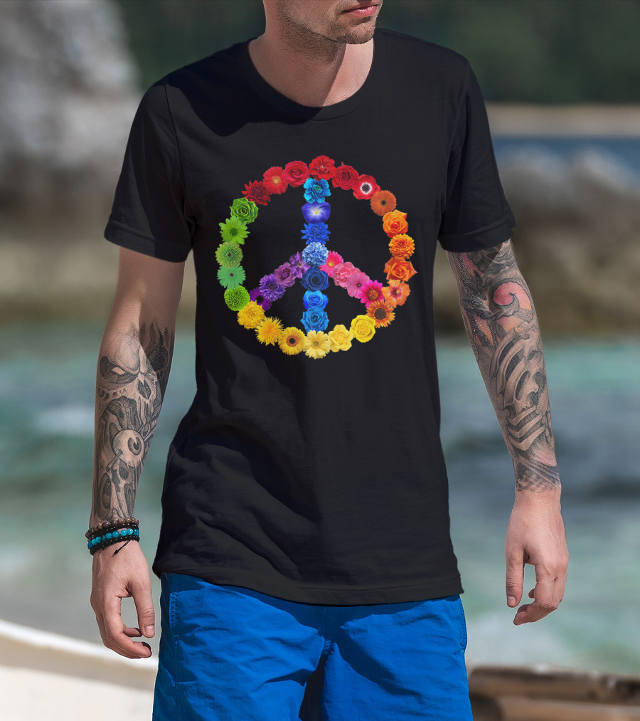 Rainbow Peace Sign Floral Love 70s 60s Retro Vibe T-Shirt