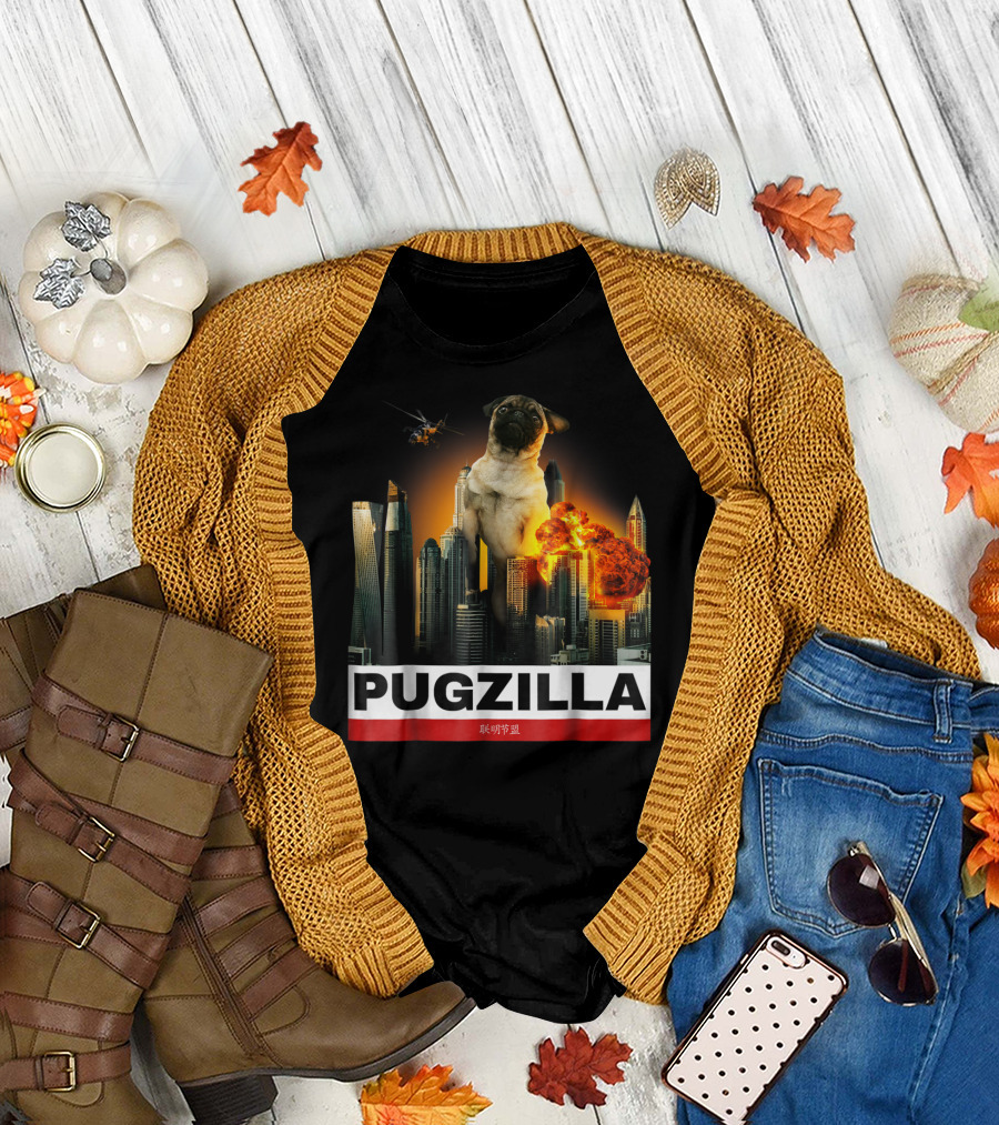 Pugzilla Helicopter Explosion City Skyline Cute Pug T-Shirt