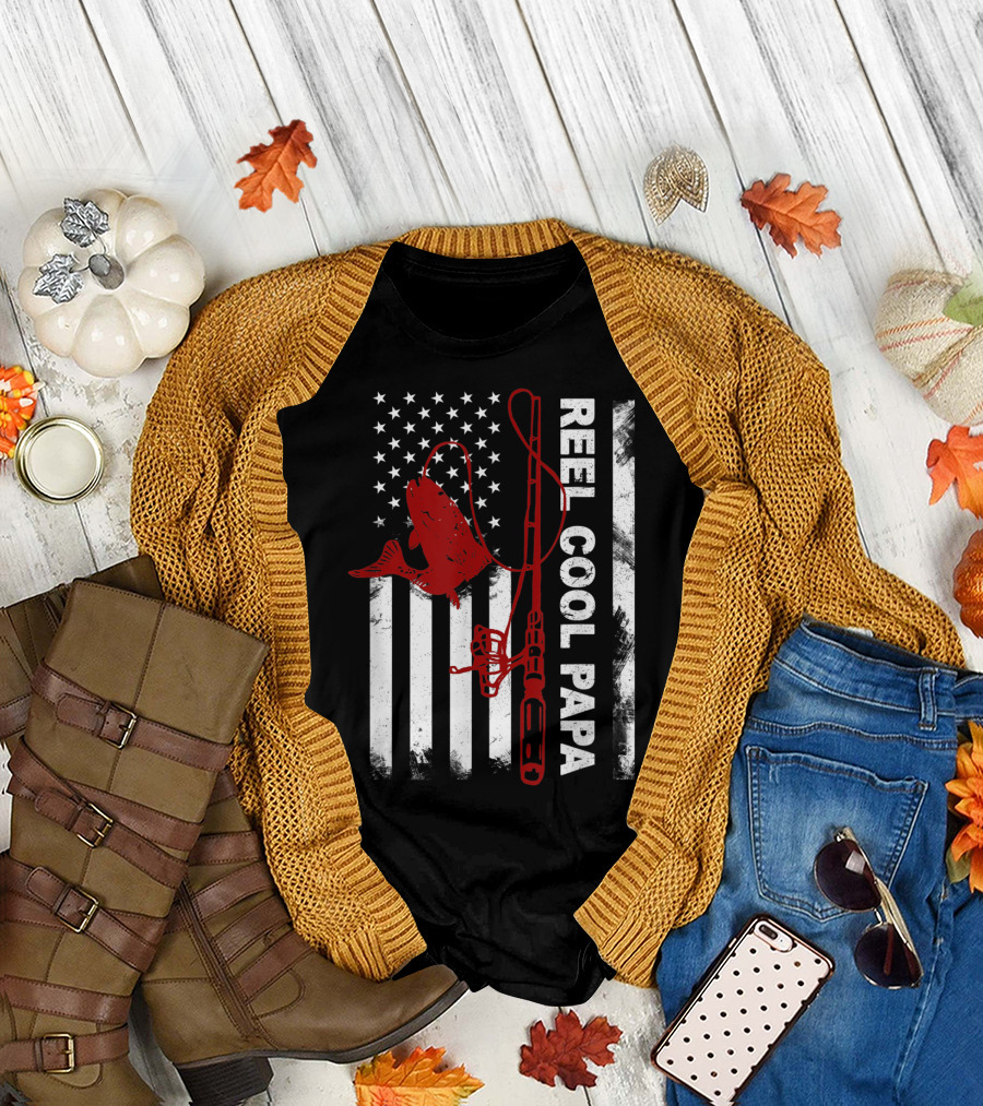 Reel Cool Papa American Flag Fishing Rod and Fish T-Shirt