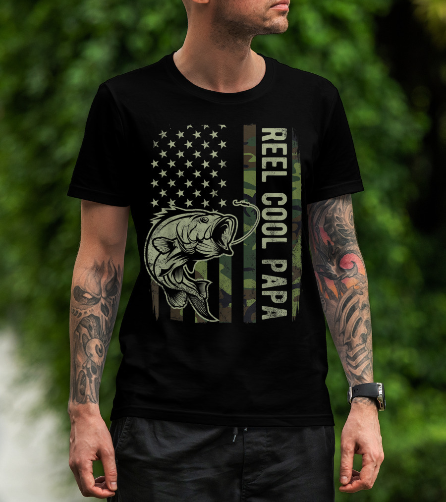 Reel Cool Papa Camouflage American Flag Fathers Fishing T-Shirt