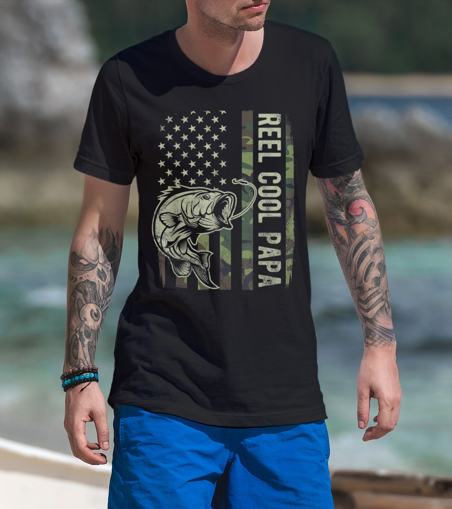 Reel Cool Papa Camouflage American Flag Fathers Fishing T-Shirt