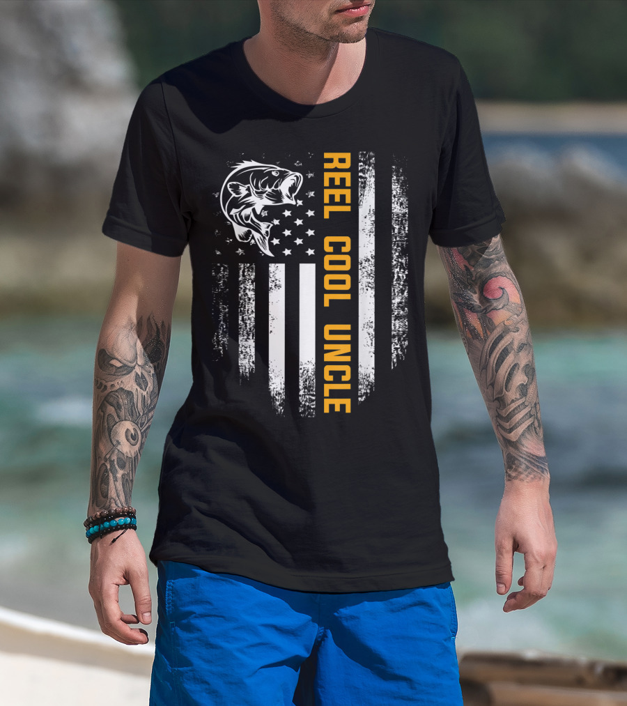 Reel Cool Uncle Vintage Flag Fishing Father Bass American Flag T-Shirt