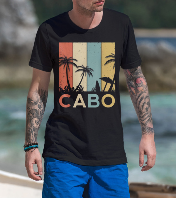 Retro Cabo San Lucas Mexico Tropical Palm Sunset Surfboard T-Shirt