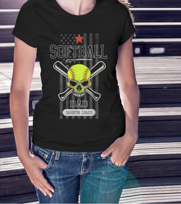 SOFTBALL DAD DAUGHTER LEAGUE Skull Crossed Bats Star Flag T-Shirt