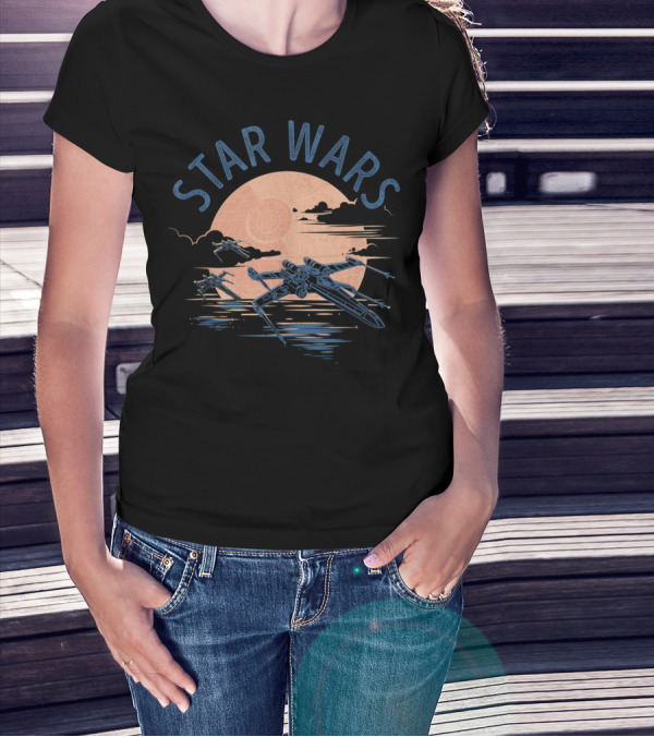 Star Wars X Wing Fighters Flying At Sunset With Death Star In Background T-Shirt